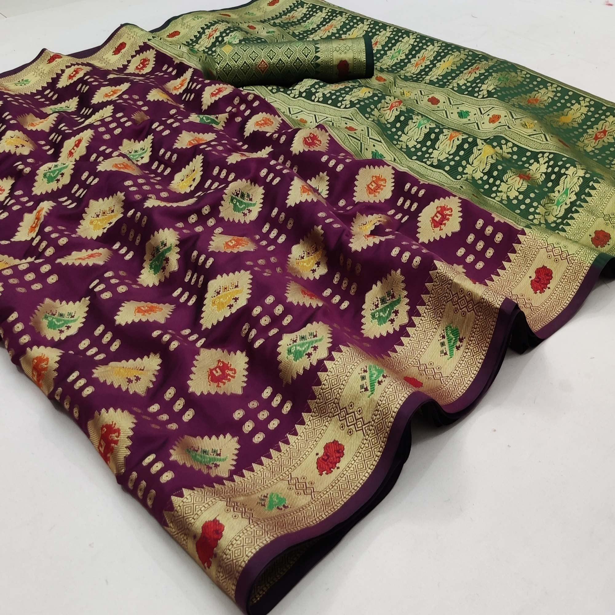 Wine Festive Wear Weaving Silk Saree - Peachmode