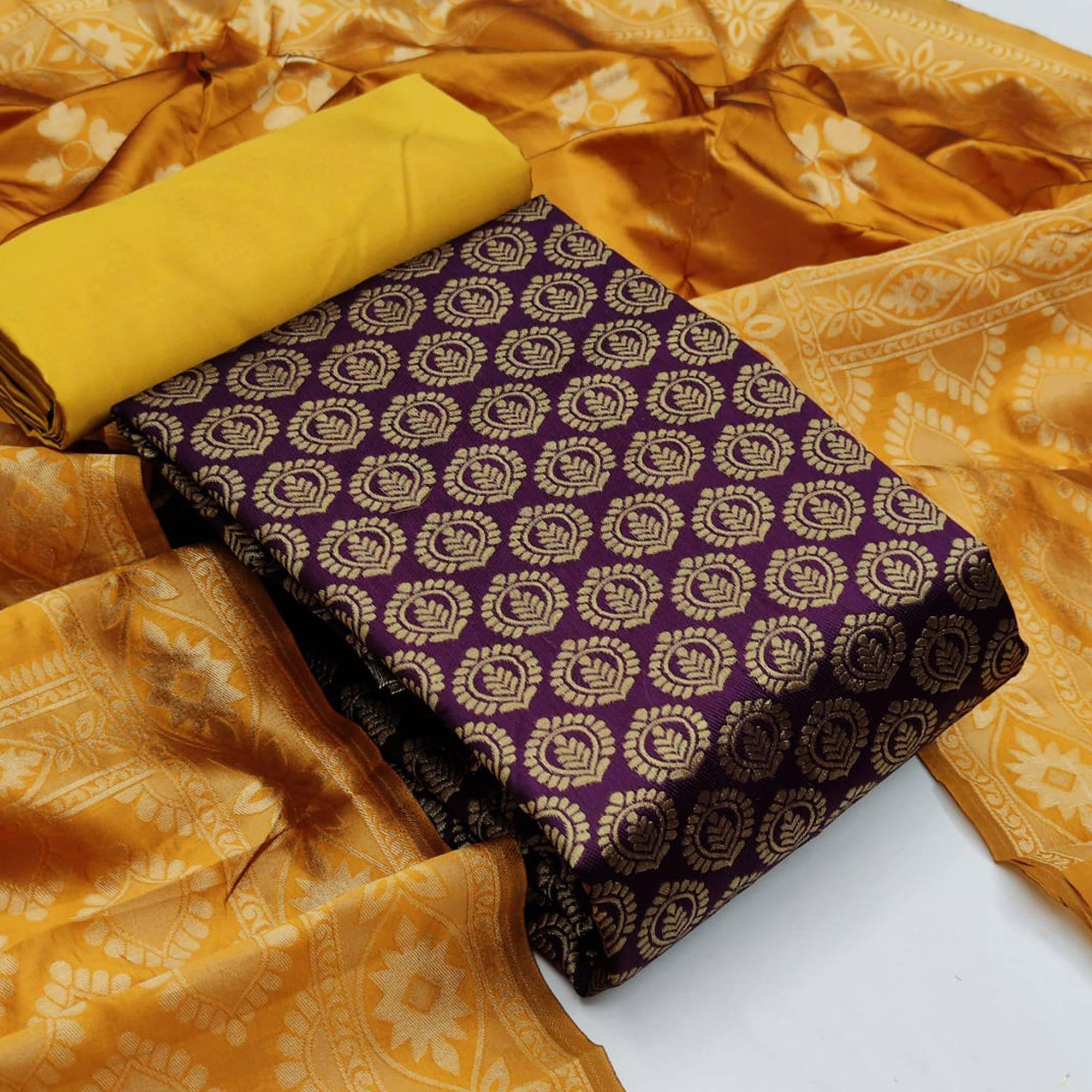 Wine Festive Wear Woven Banarasi Silk Dress Material - Peachmode