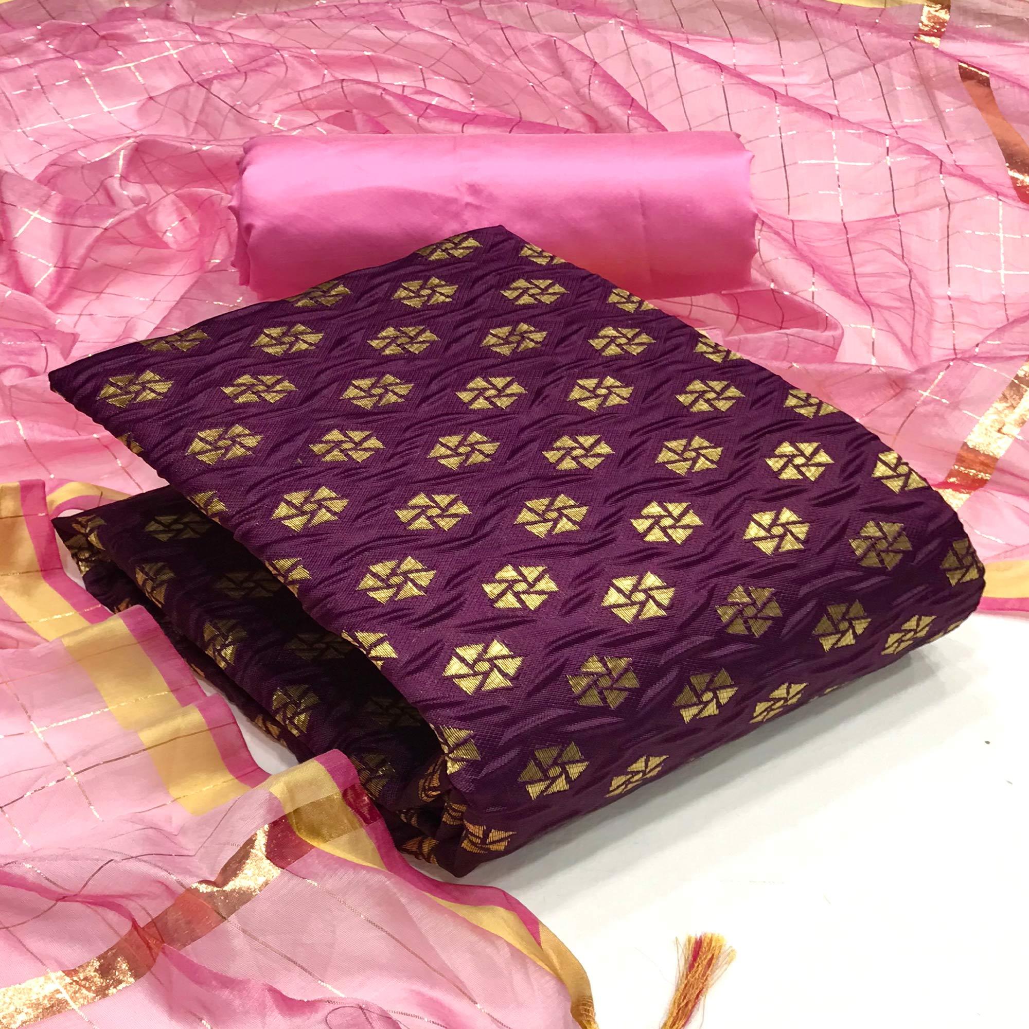 Wine Festive Wear Woven Banarasi Silk Dress Material - Peachmode