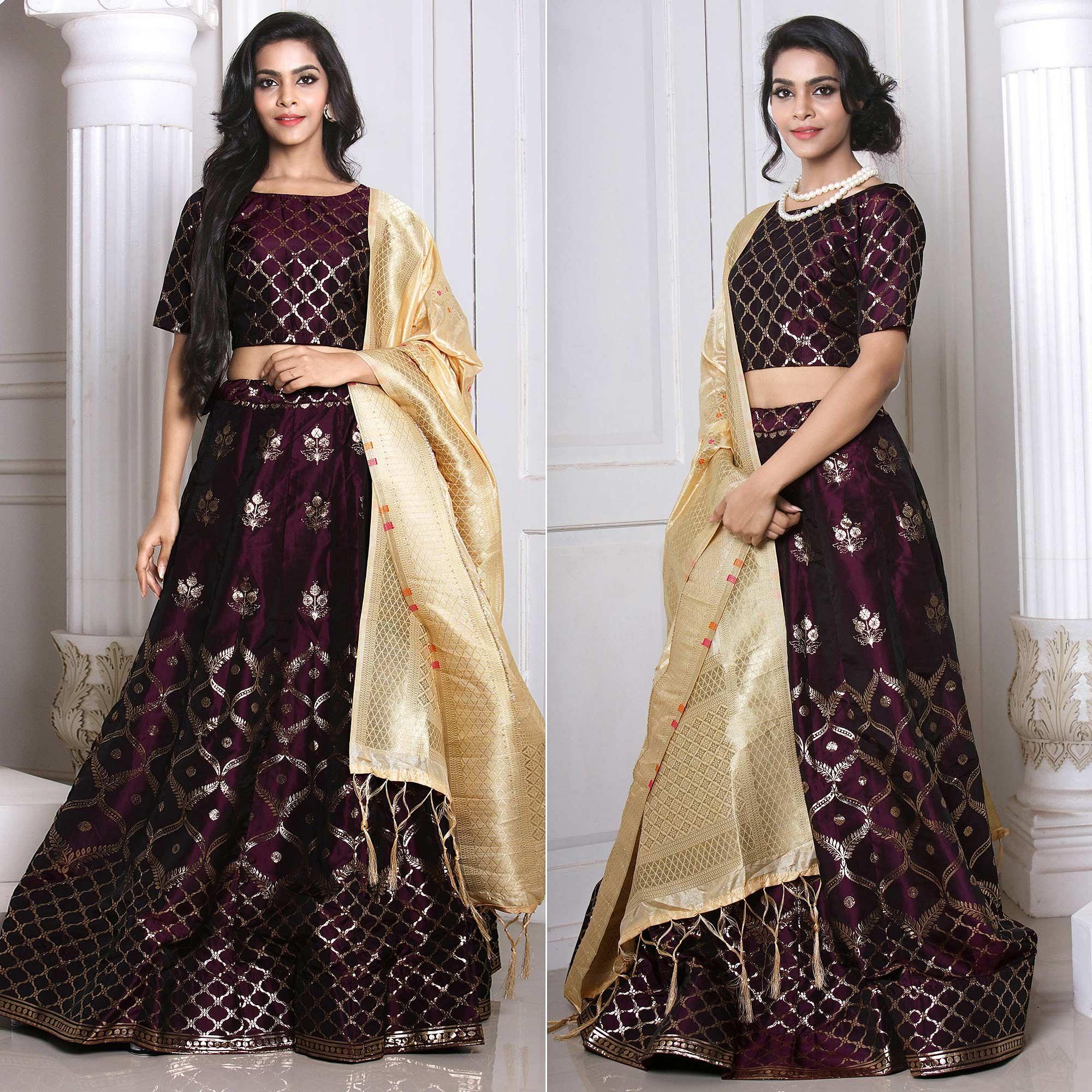 Wine Festive Wear Woven Banarasi Silk Lehenga Choli - Peachmode