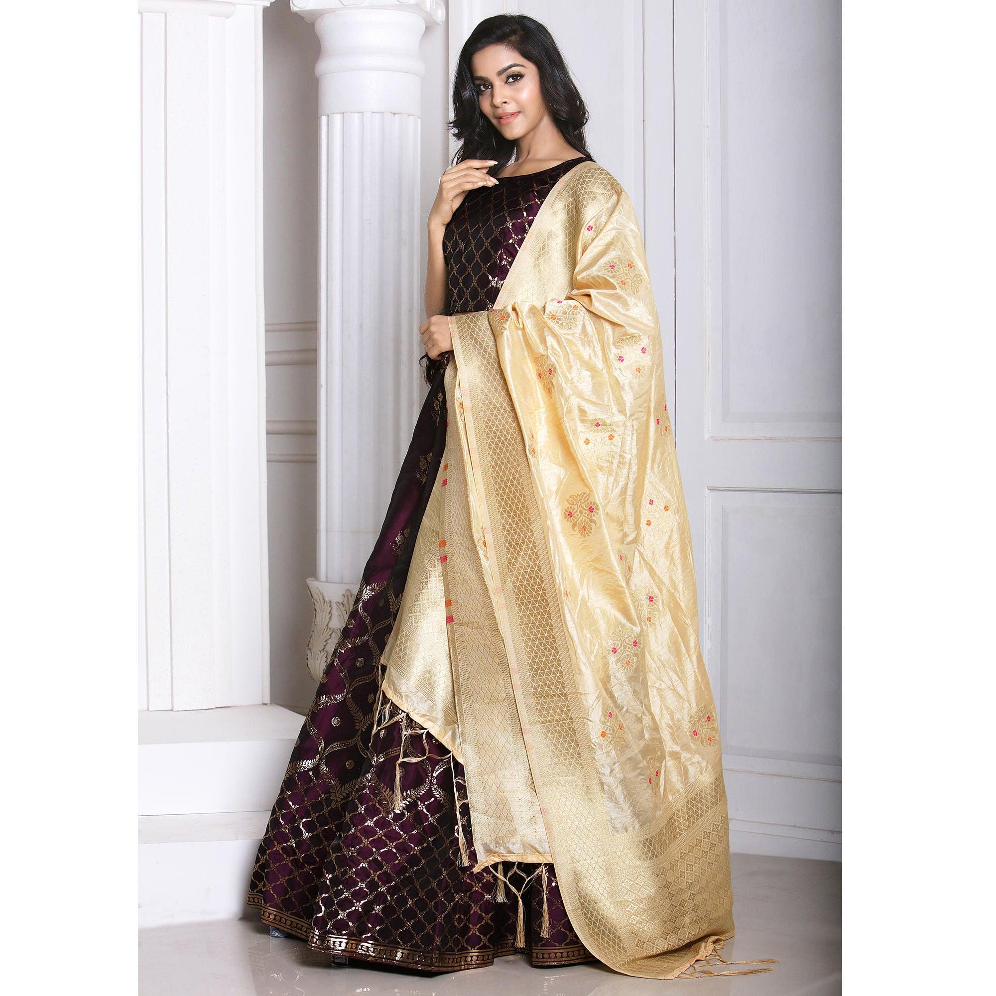 Wine Festive Wear Woven Banarasi Silk Lehenga Choli - Peachmode
