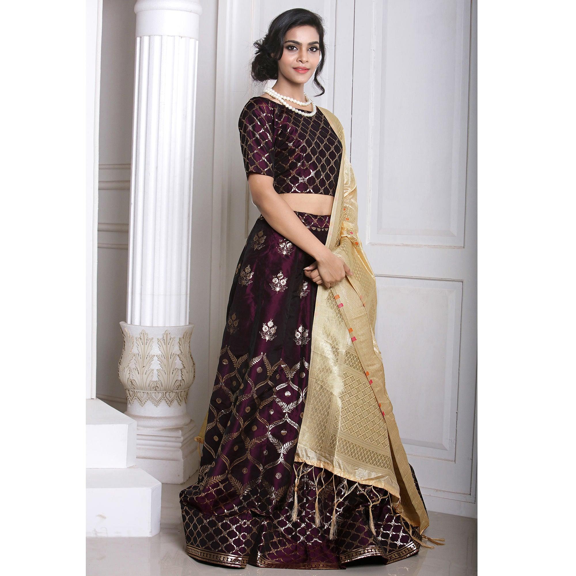 Wine Festive Wear Woven Banarasi Silk Lehenga Choli - Peachmode