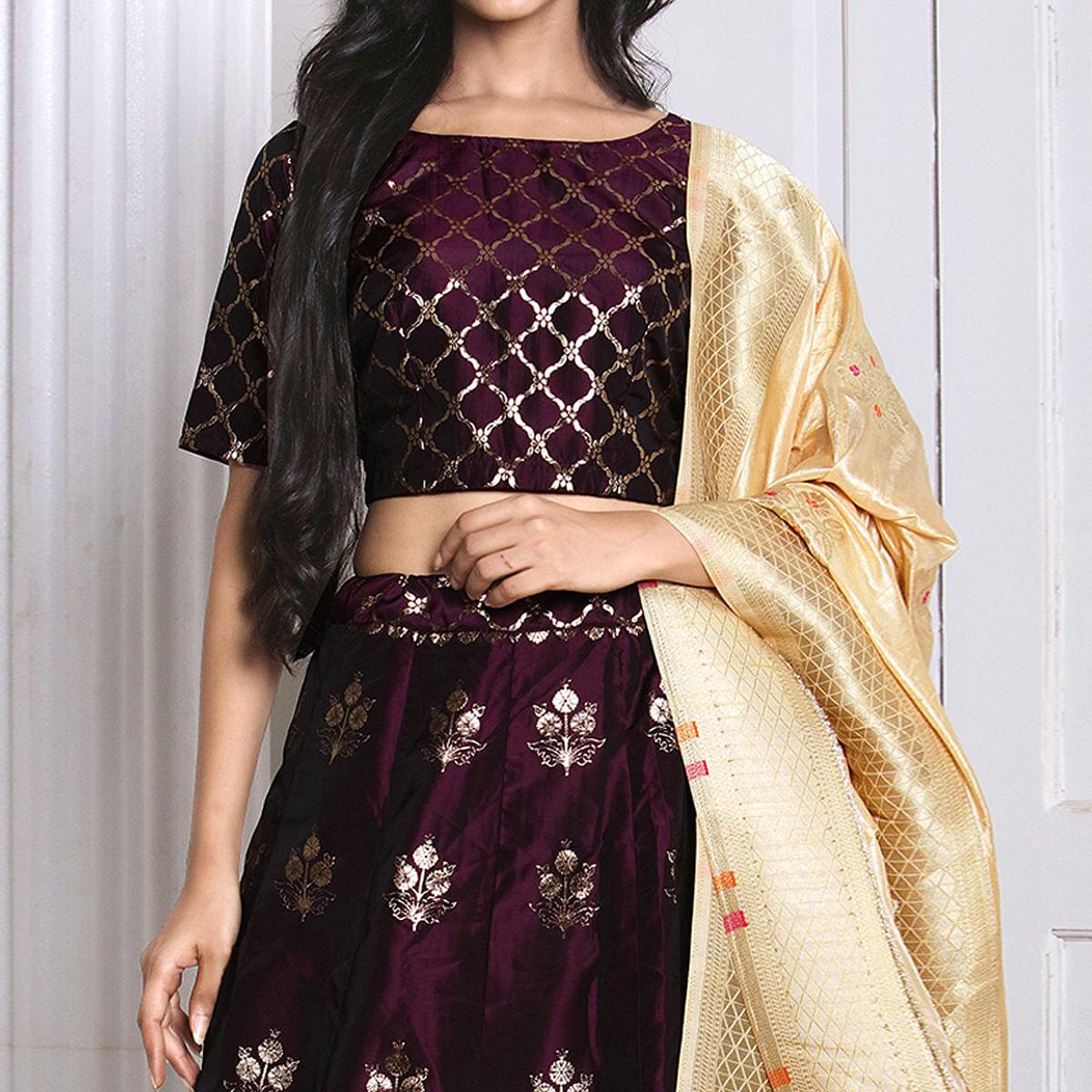 Wine Festive Wear Woven Banarasi Silk Lehenga Choli - Peachmode