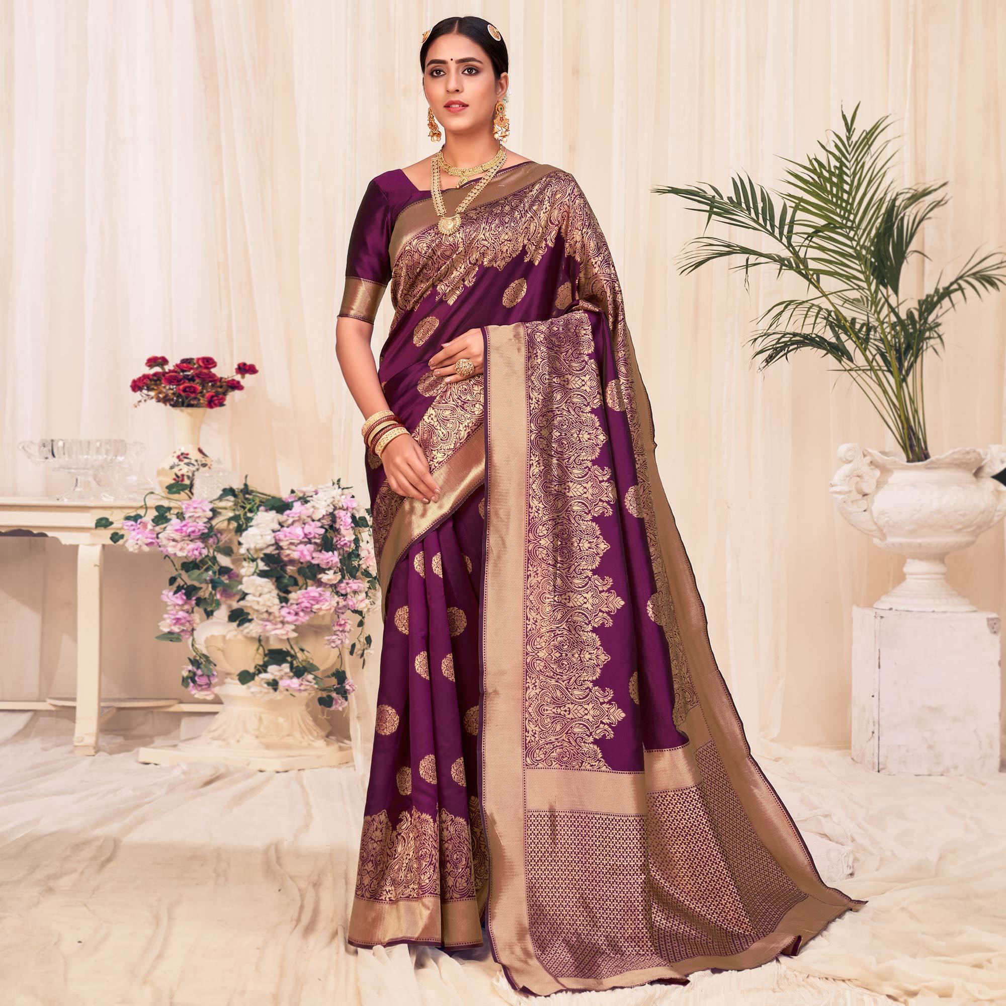 Wine Festive Wear Woven Banarasi Silk Saree - Peachmode