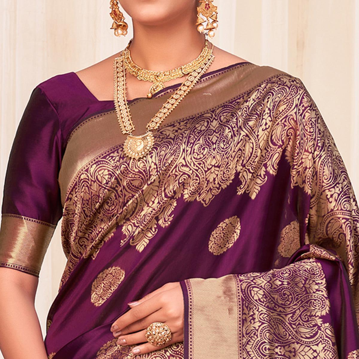 Wine Festive Wear Woven Banarasi Silk Saree - Peachmode