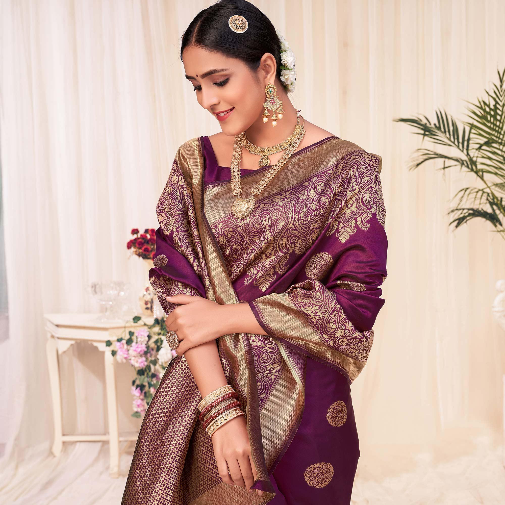 Wine Festive Wear Woven Banarasi Silk Saree - Peachmode