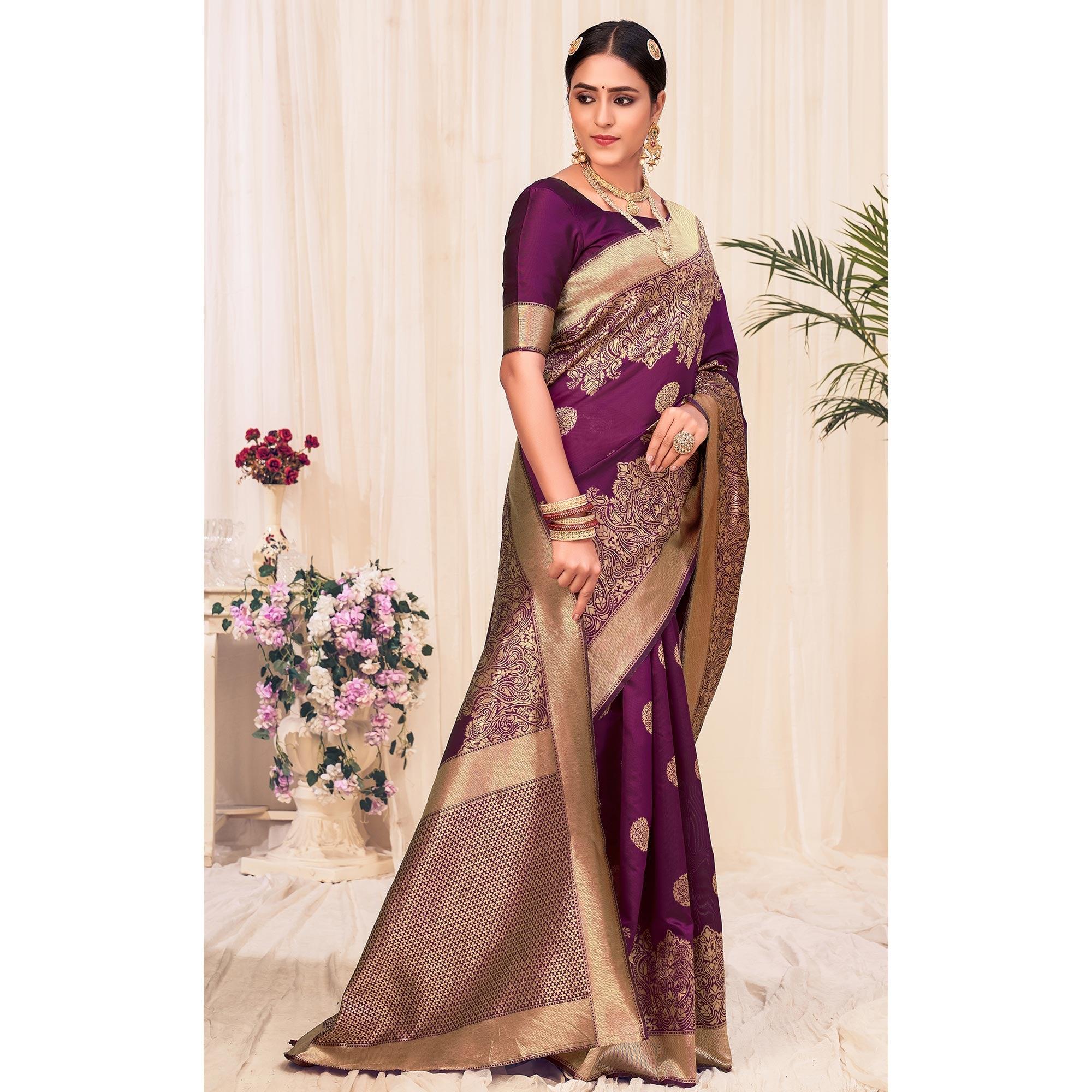 Wine Festive Wear Woven Banarasi Silk Saree - Peachmode