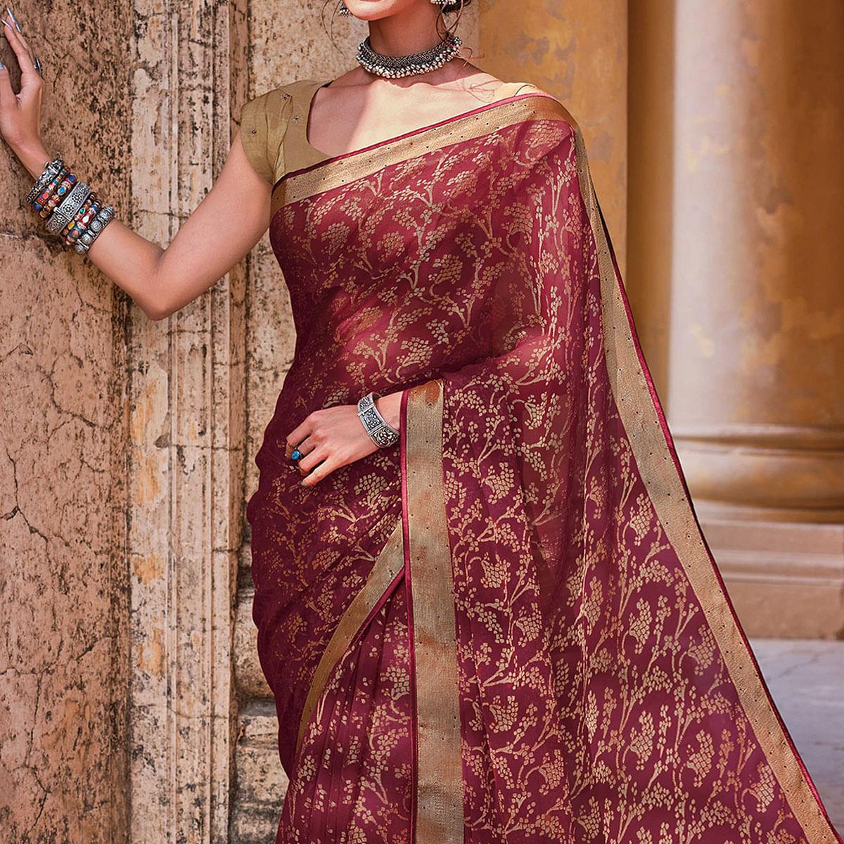 Wine Festive Wear Woven Brasso Saree - Peachmode