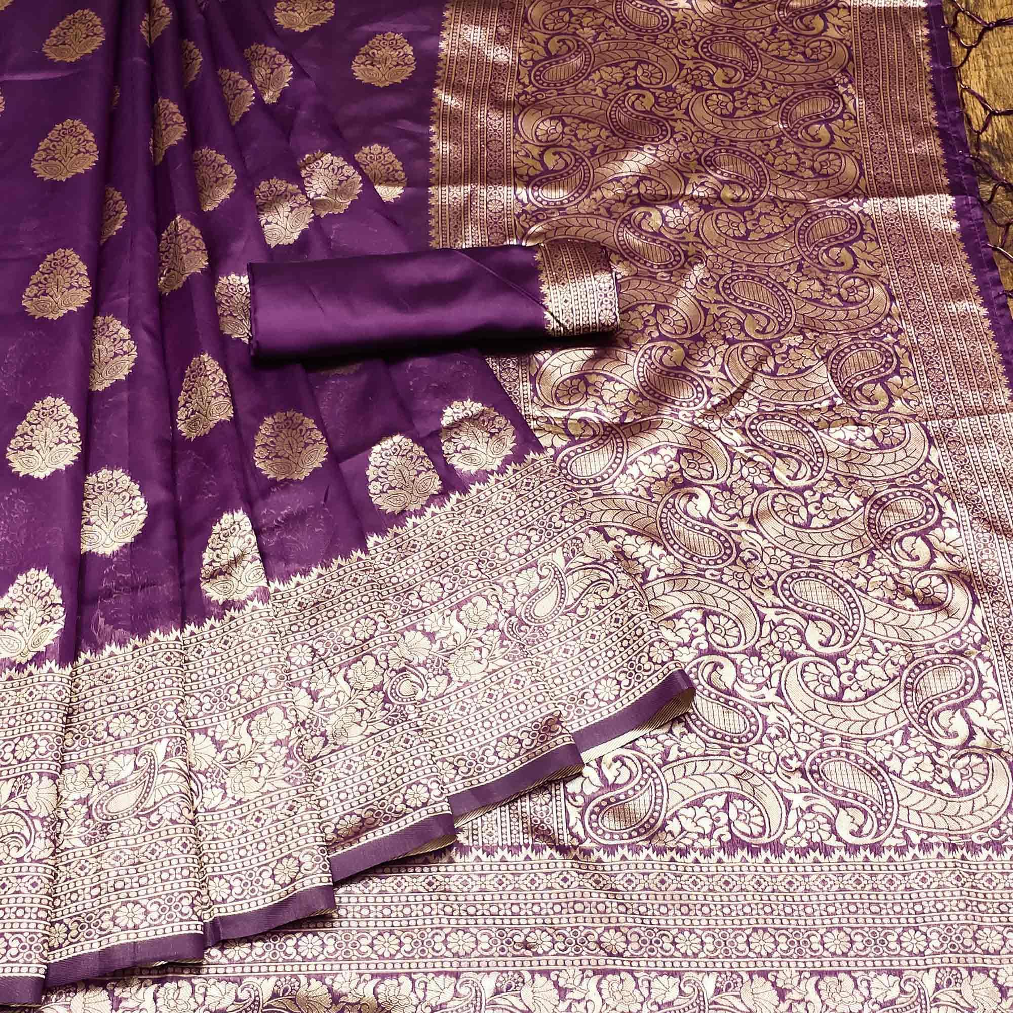 Wine Festive Wear Woven Cotton Silk Saree - Peachmode