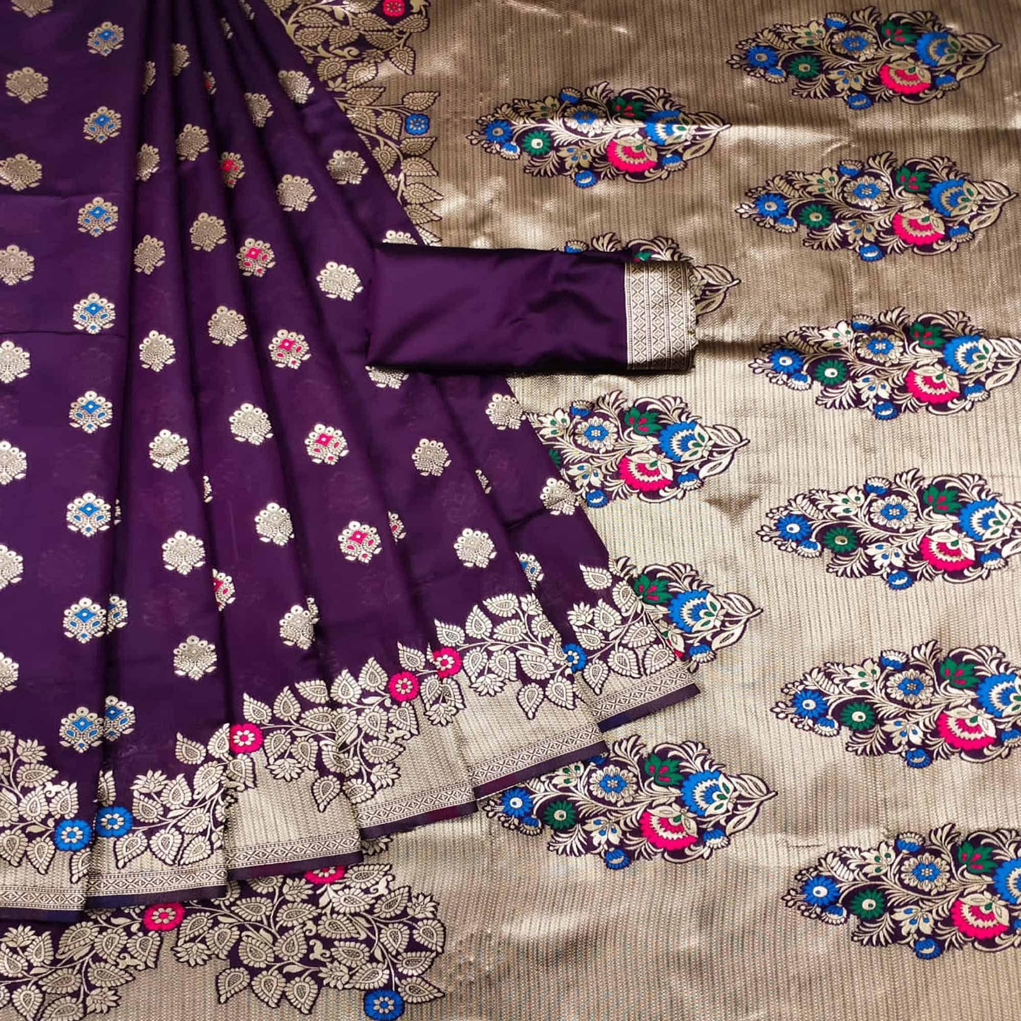 Wine Festive Wear Woven Litchi Silk Saree - Peachmode