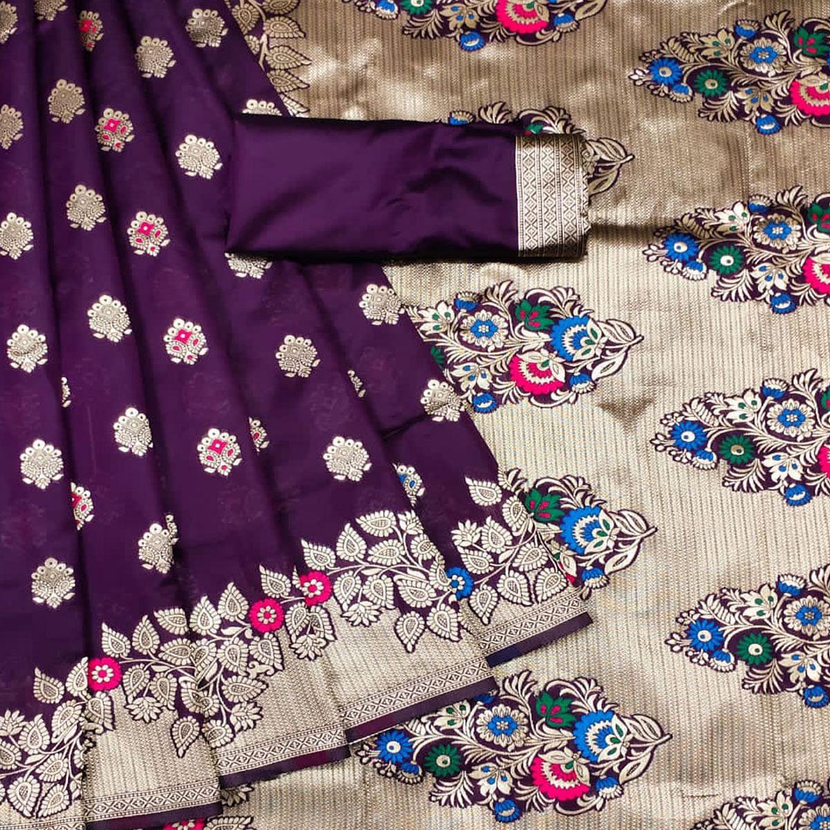 Wine Festive Wear Woven Litchi Silk Saree - Peachmode