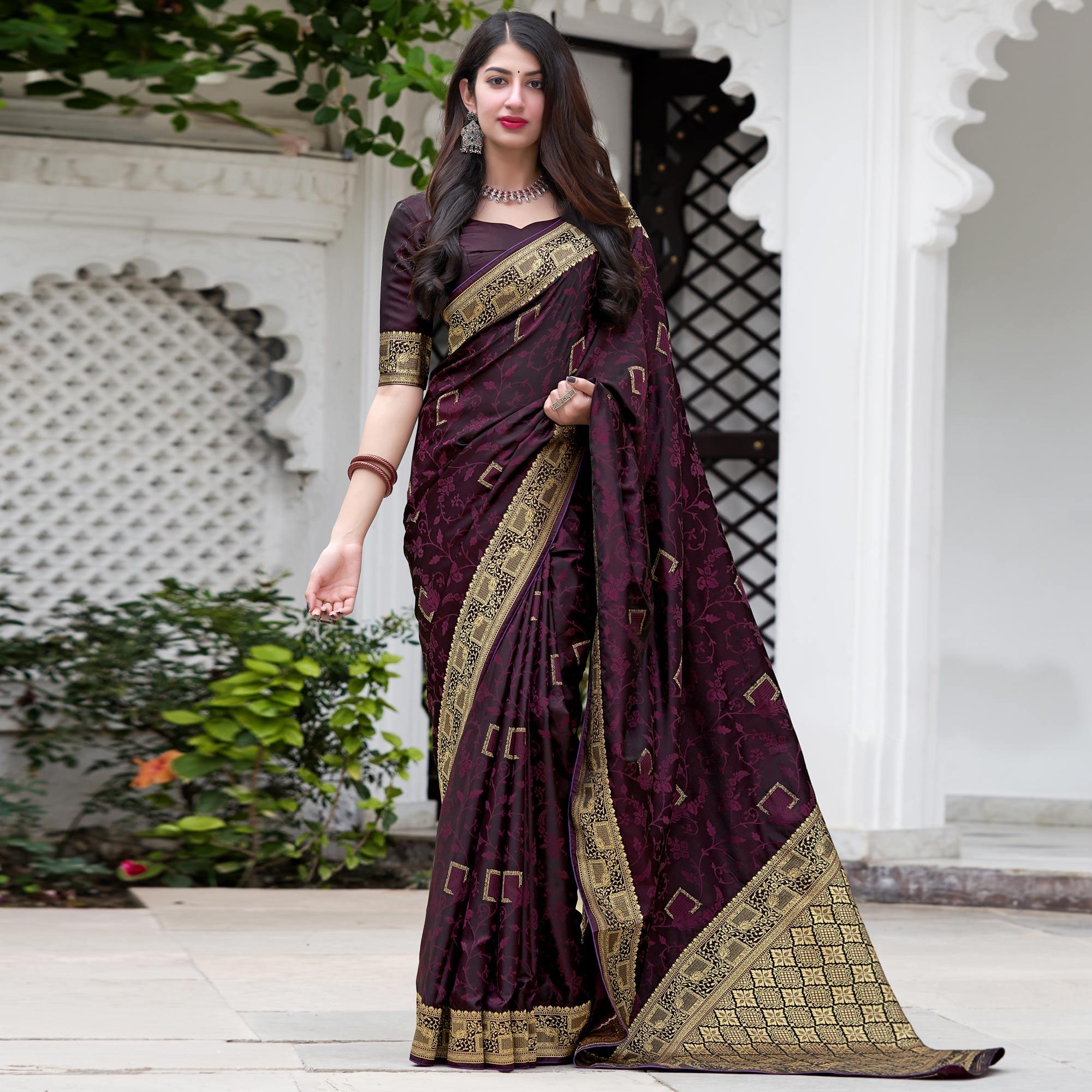 Wine Festive Wear Woven Soft Silk Satin Saree - Peachmode