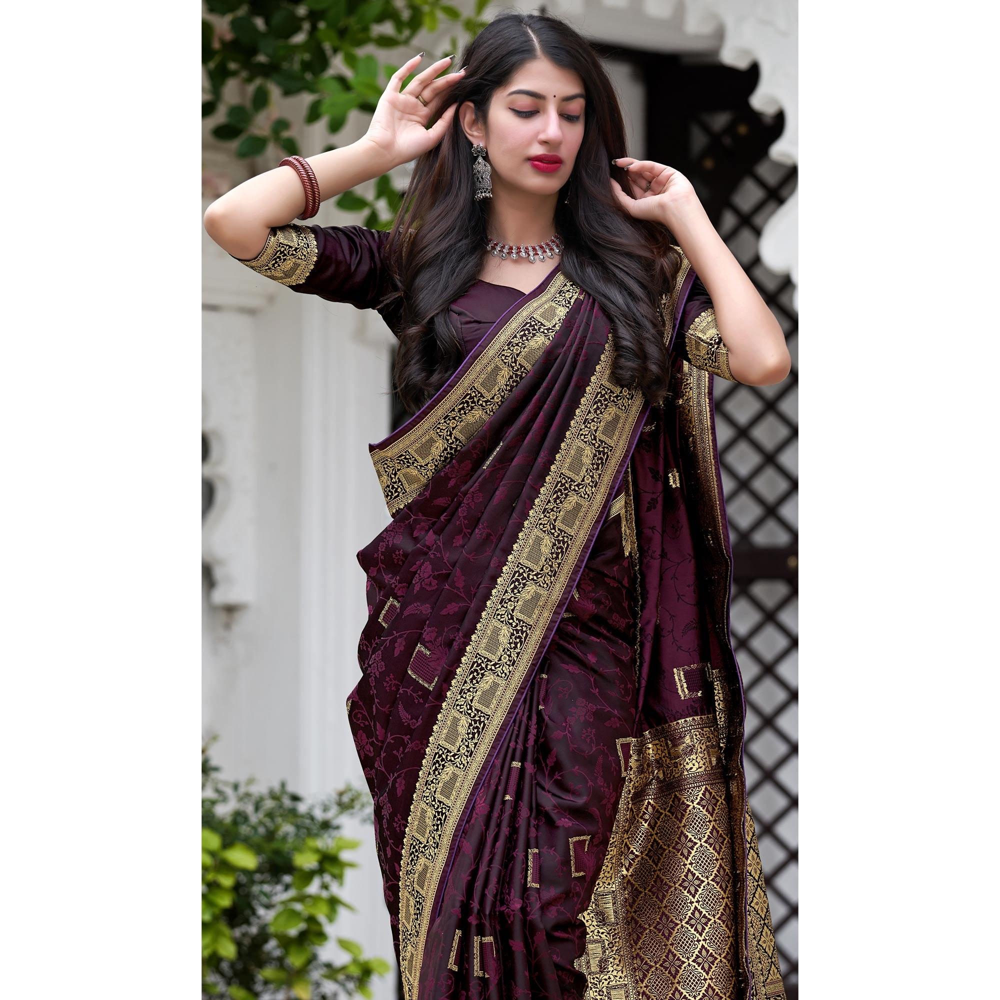 Wine Festive Wear Woven Soft Silk Satin Saree - Peachmode