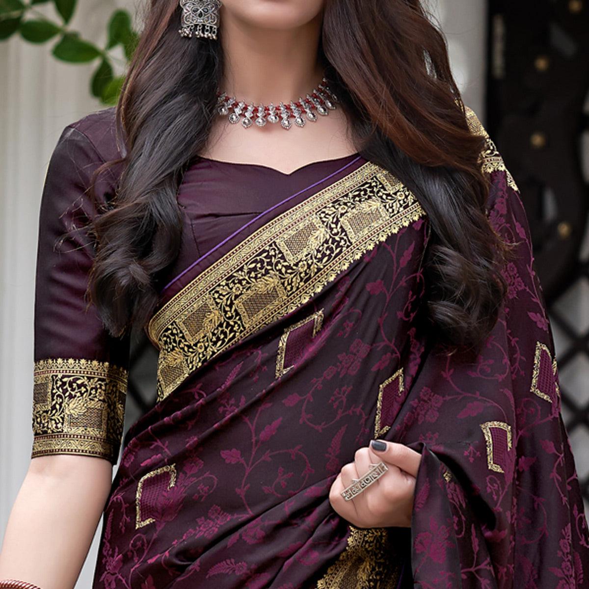 Wine Festive Wear Woven Soft Silk Satin Saree - Peachmode