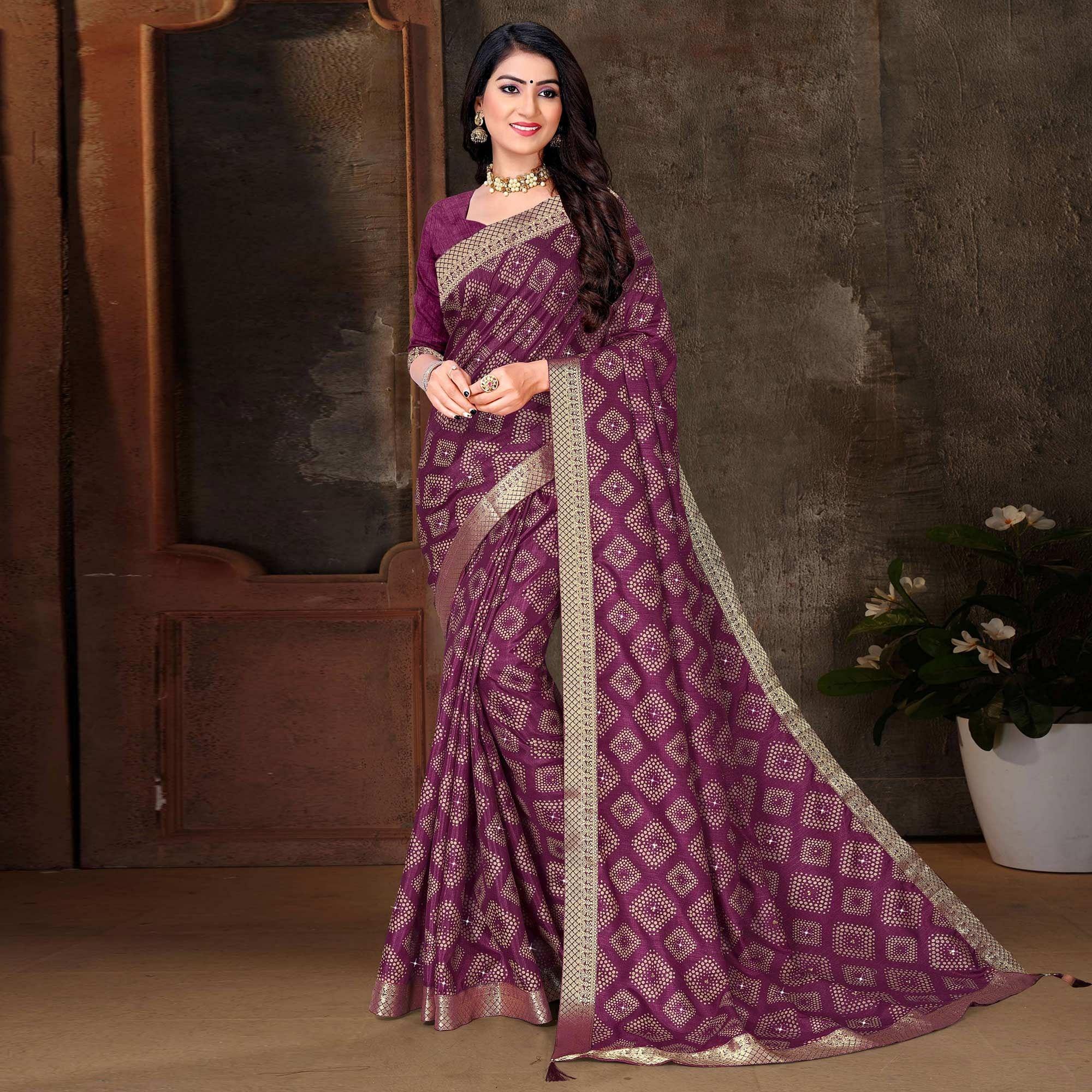 Wine Festive Wear Woven With Embellished Vichitra Silk Saree - Peachmode