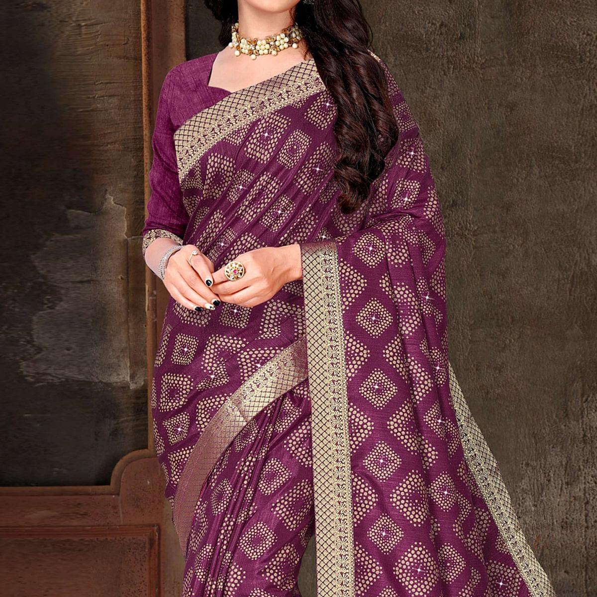Wine Festive Wear Woven With Embellished Vichitra Silk Saree - Peachmode