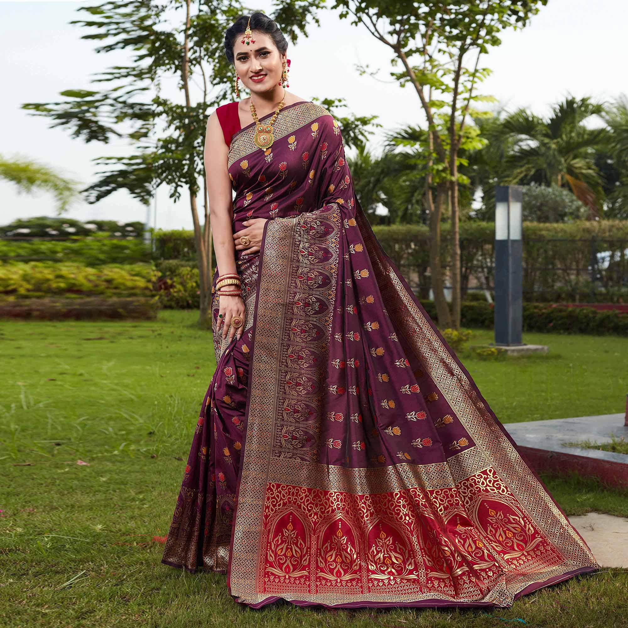 Wine Festive Wear Woven With Meena Rappier Lichi Silk Saree - Peachmode