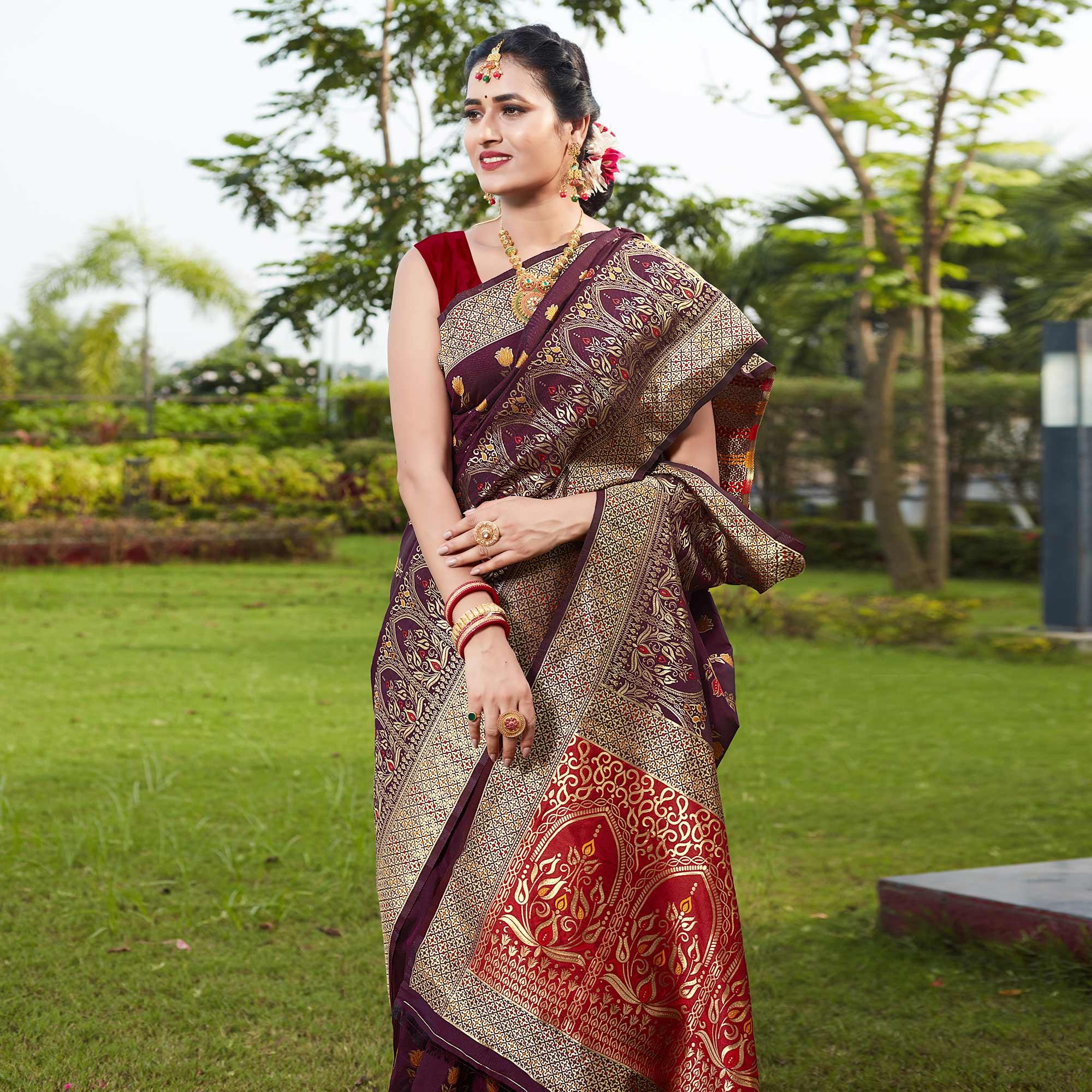 Wine Festive Wear Woven With Meena Rappier Lichi Silk Saree - Peachmode