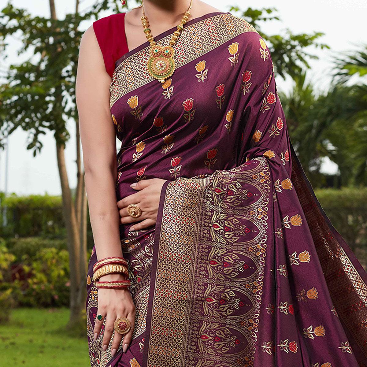 Wine Festive Wear Woven With Meena Rappier Lichi Silk Saree - Peachmode