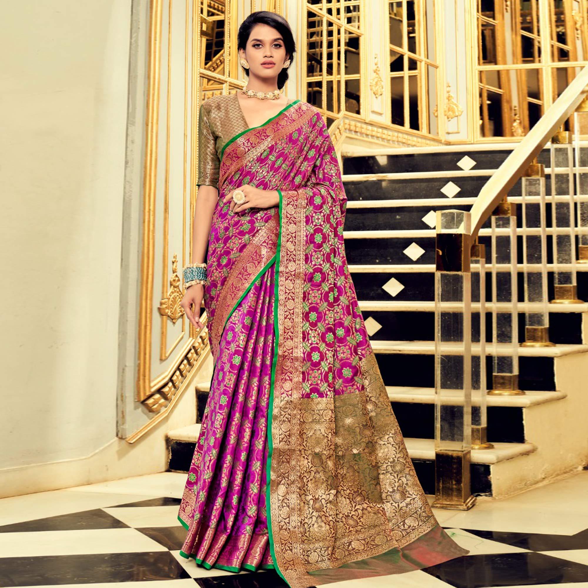 Wine Festive Wear Woven Zari Potola Silk Saree - Peachmode