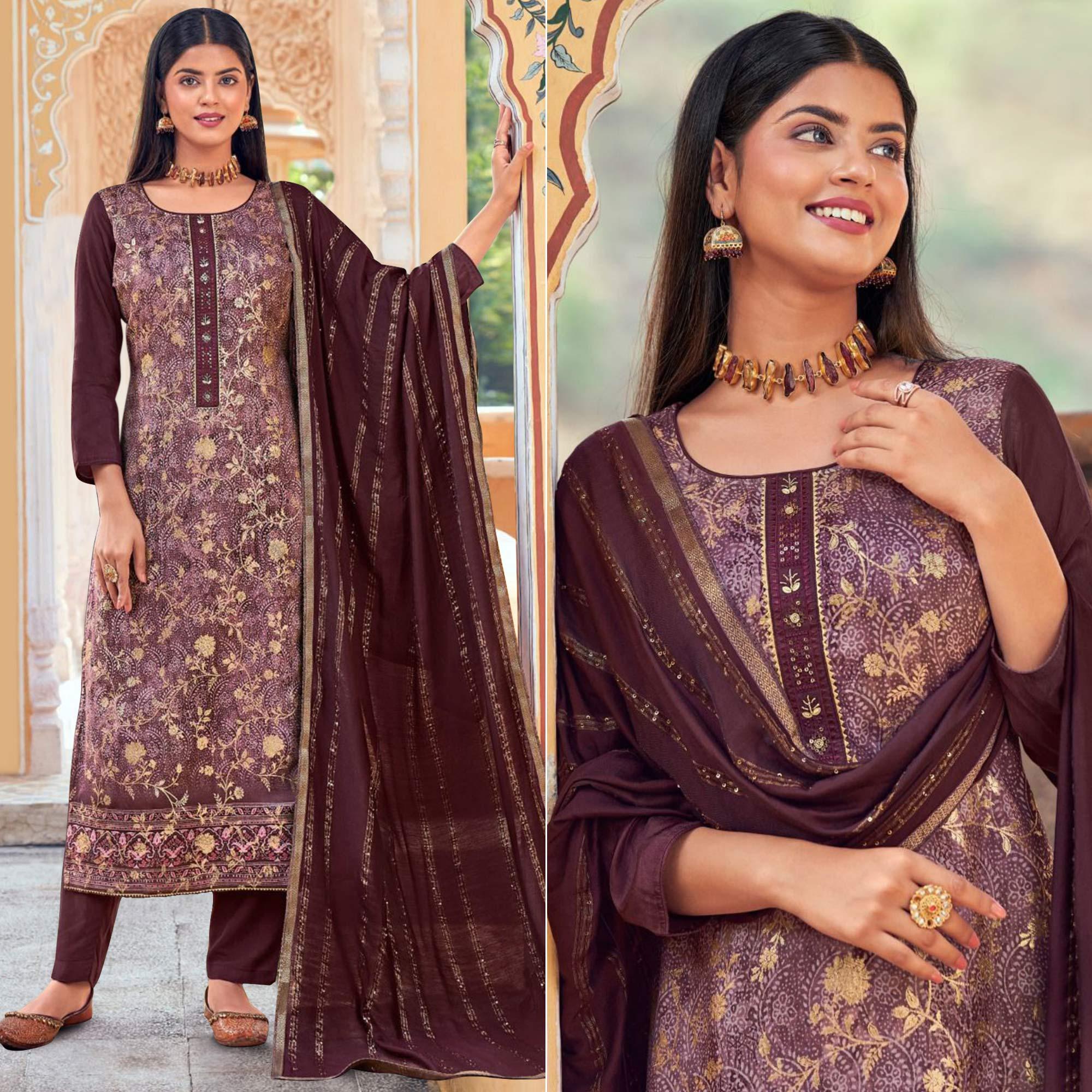 Wine Floral Digital Printed Dola Silk Salwar Suit - Peachmode