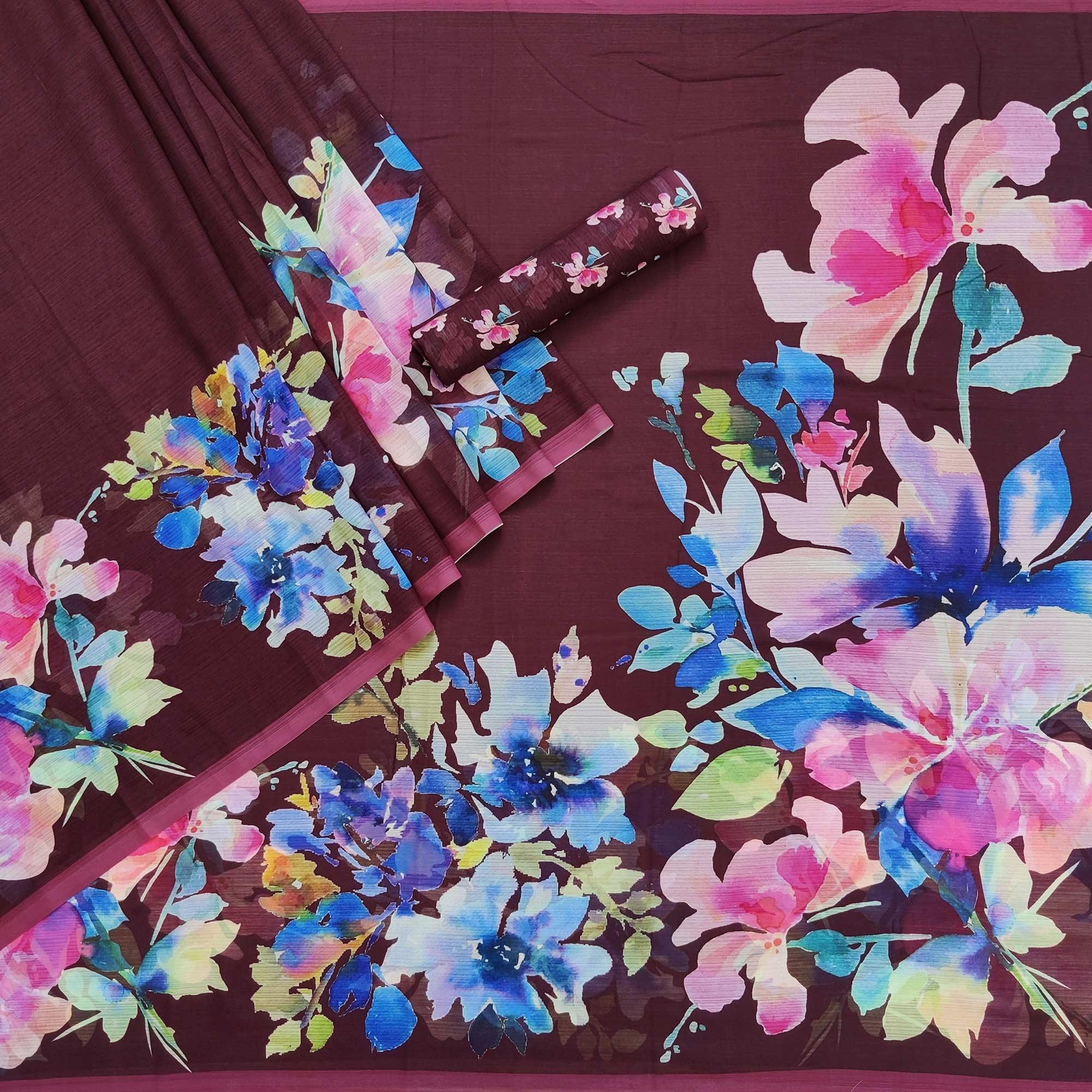 Wine Floral Digital Printed Georgette Saree - Peachmode