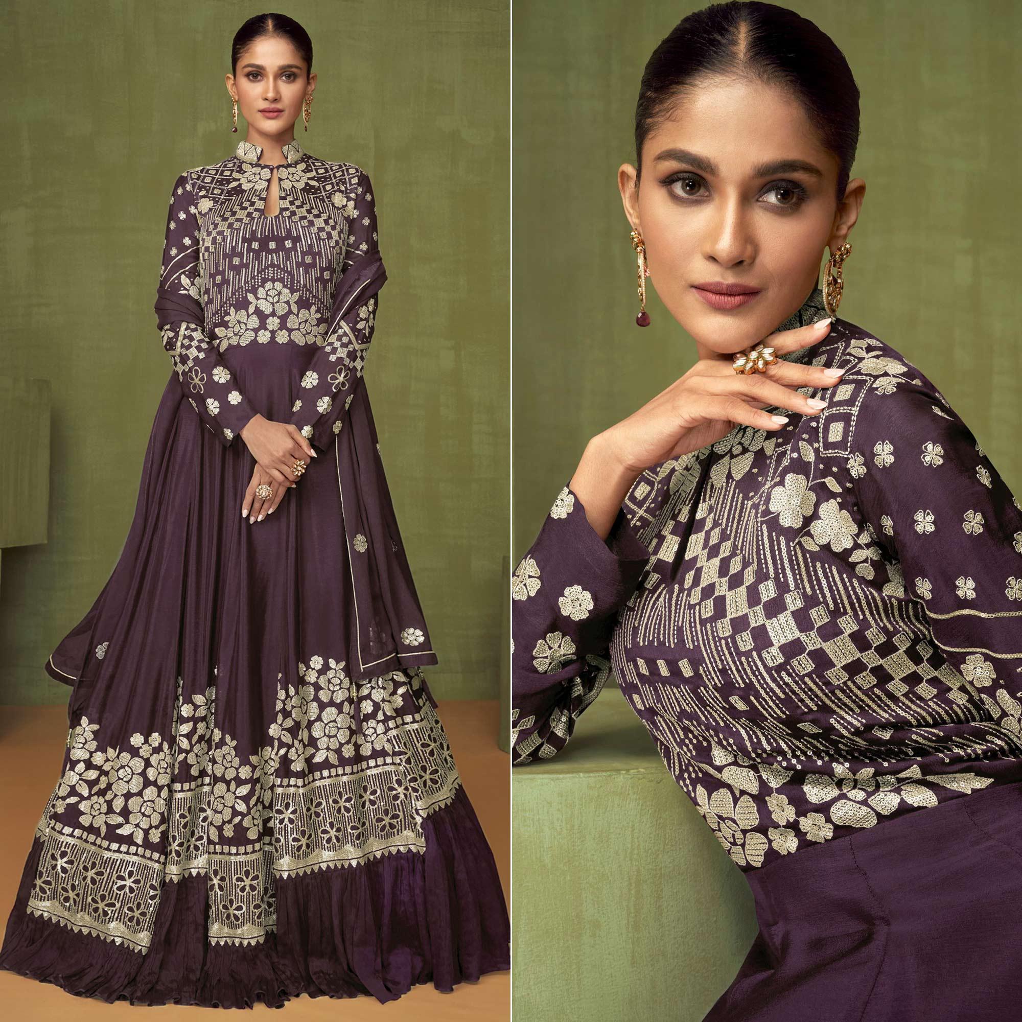 Wine Floral Embroidered Georgette Anarkali Style Gown - Peachmode