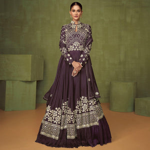 Wine Floral Embroidered Georgette Anarkali Style Gown - Peachmode