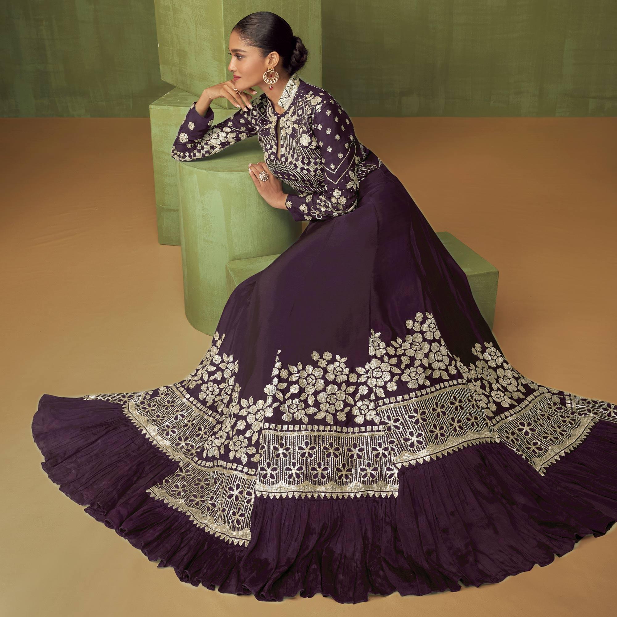 Wine Floral Embroidered Georgette Anarkali Style Gown - Peachmode