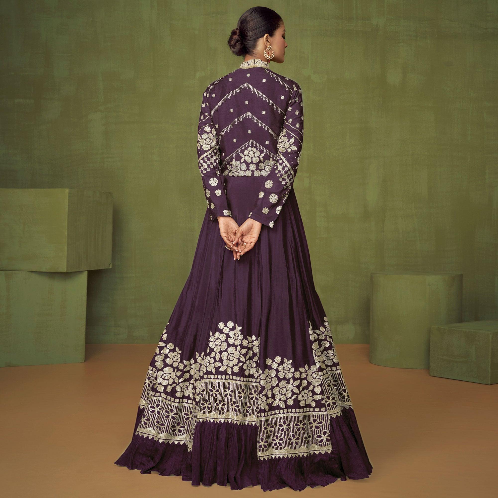 Wine Floral Embroidered Georgette Anarkali Style Gown - Peachmode