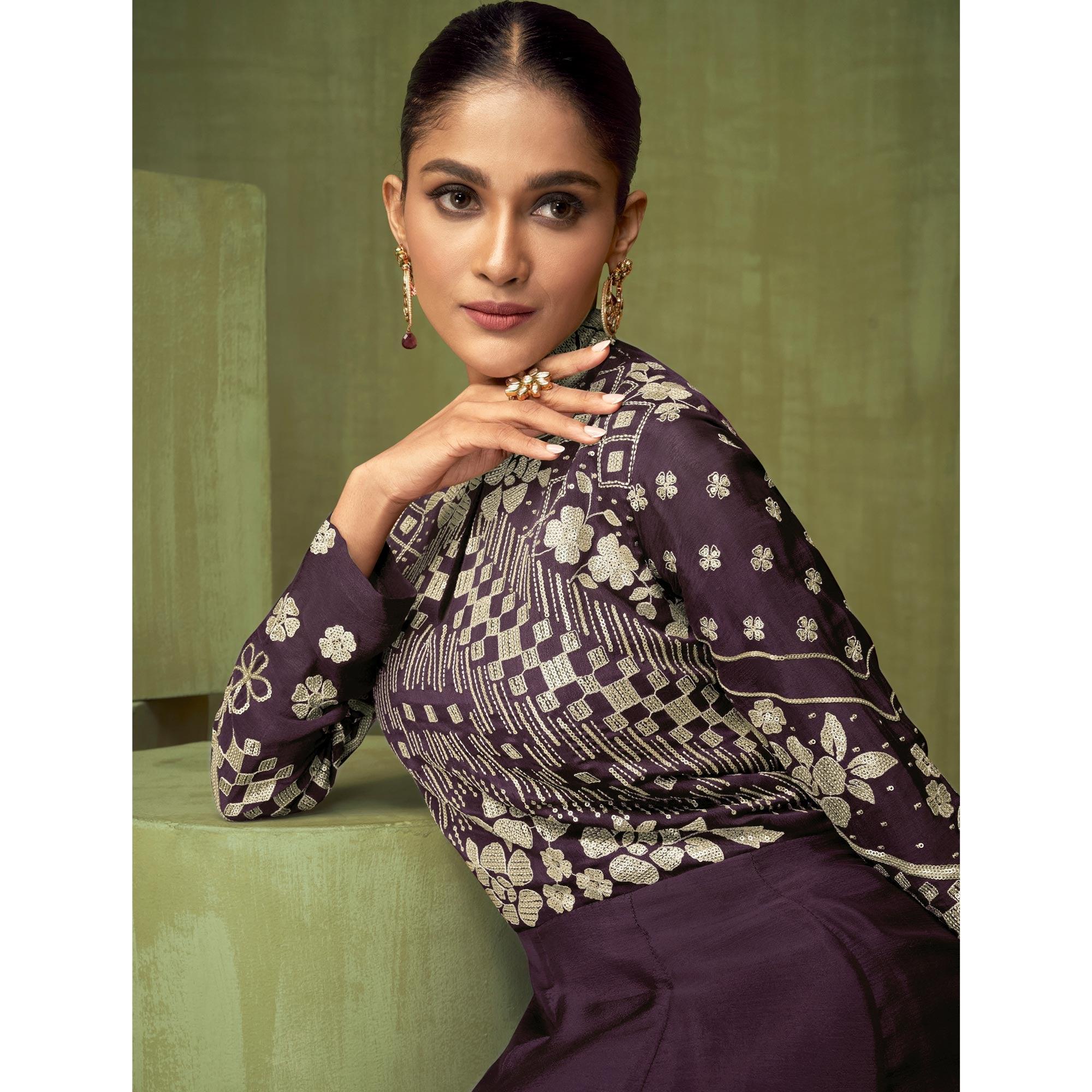 Wine Floral Embroidered Georgette Anarkali Style Gown - Peachmode