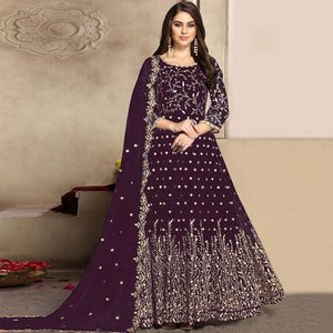 Wine Floral Embroidered Georgette Anarkali Suit - Peachmode