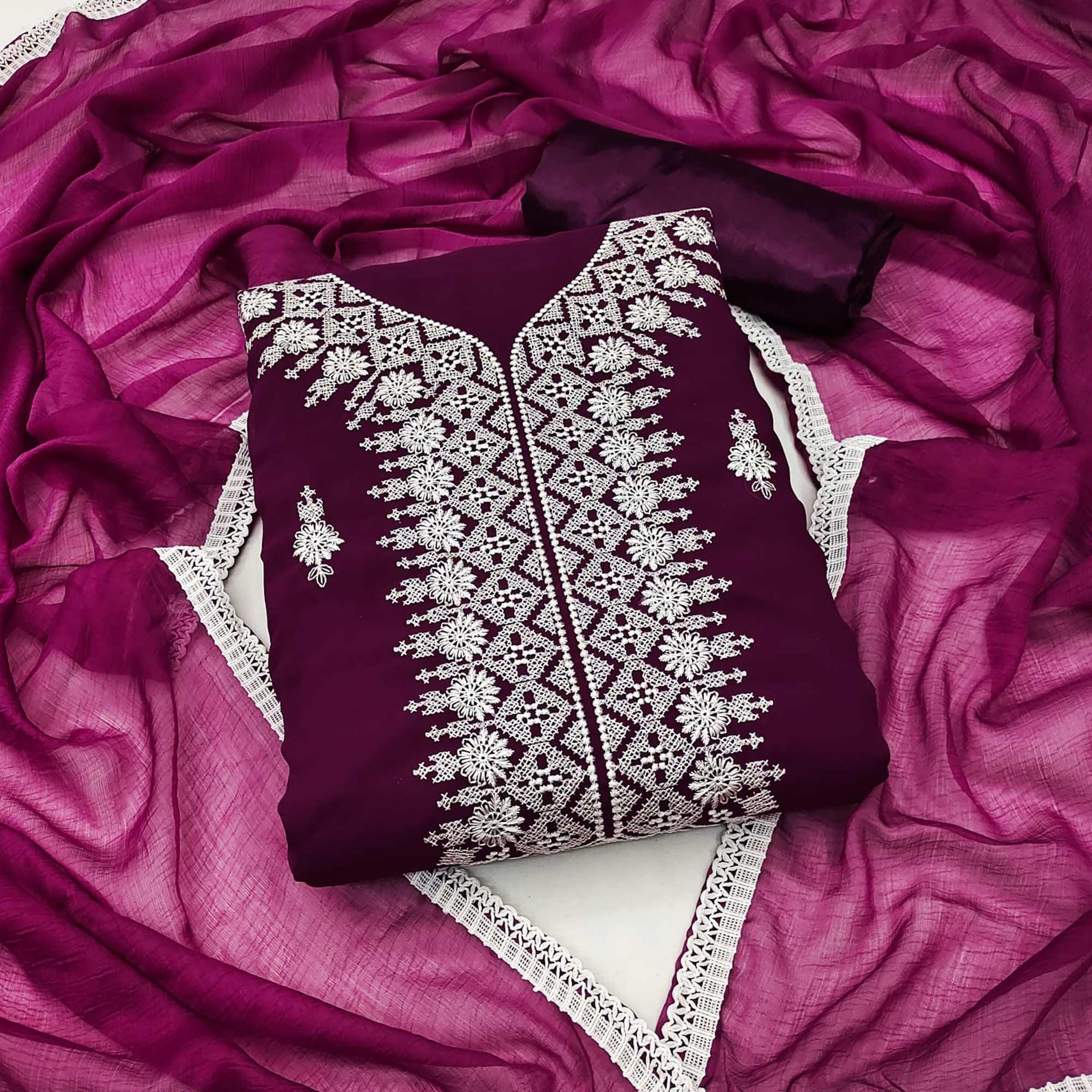 Wine Floral Embroidered Georgette Dress Material - Peachmode