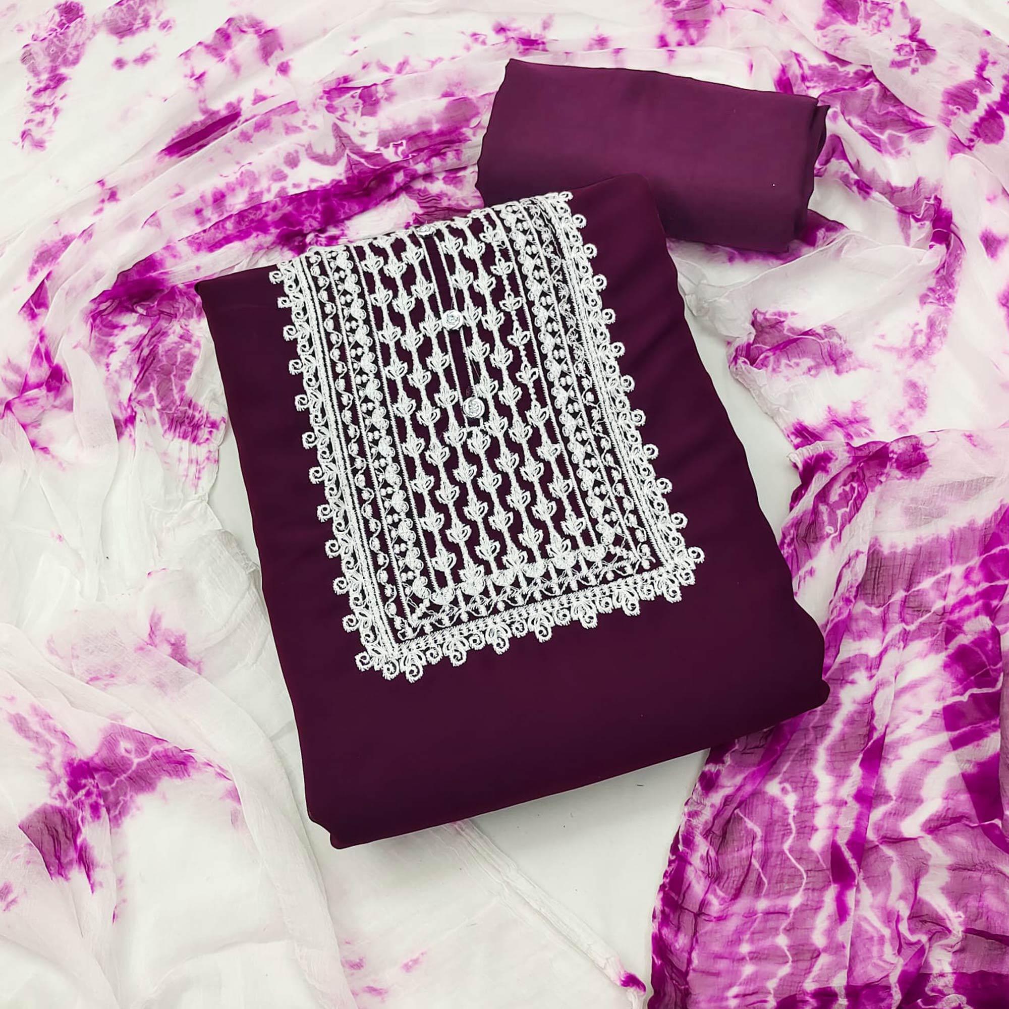 Wine Floral Embroidered Georgette Dress Material - Peachmode