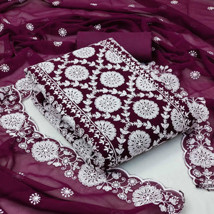 Wine Floral Embroidered Georgette Dress Material - Peachmode