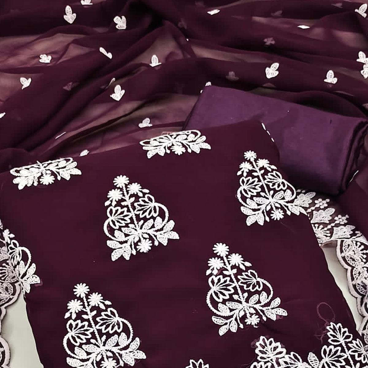 Wine Floral Embroidered Georgette Dress Material - Peachmode