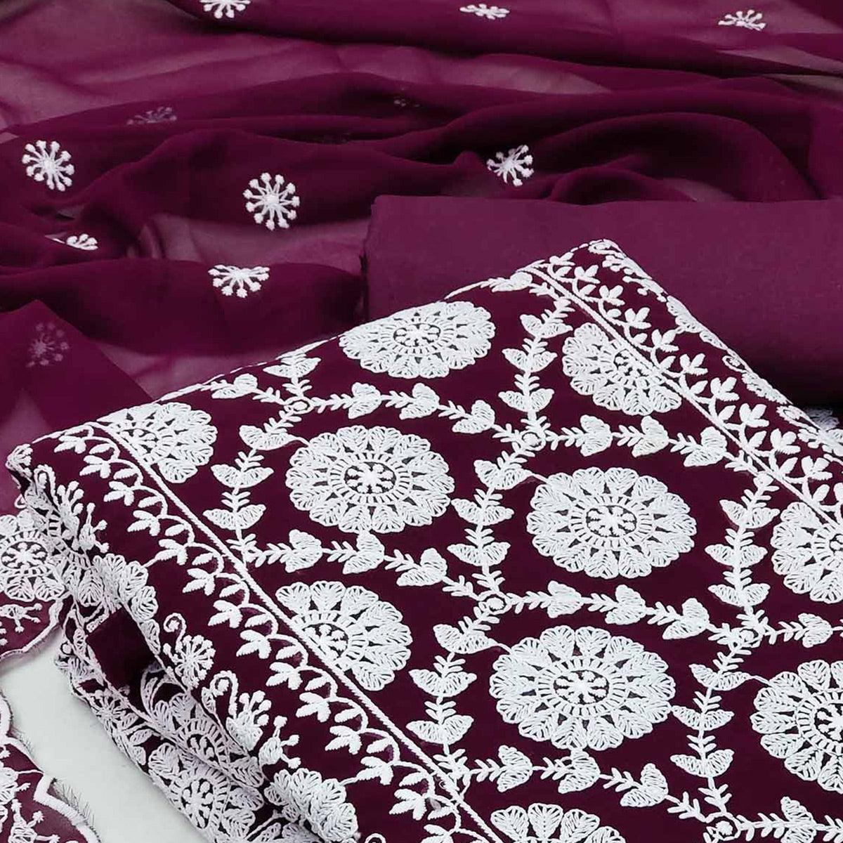 Wine Floral Embroidered Georgette Dress Material - Peachmode