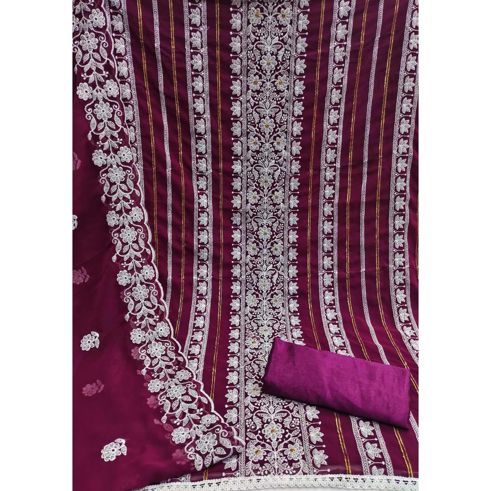 Wine Floral Embroidered Georgette Dress Material - Peachmode