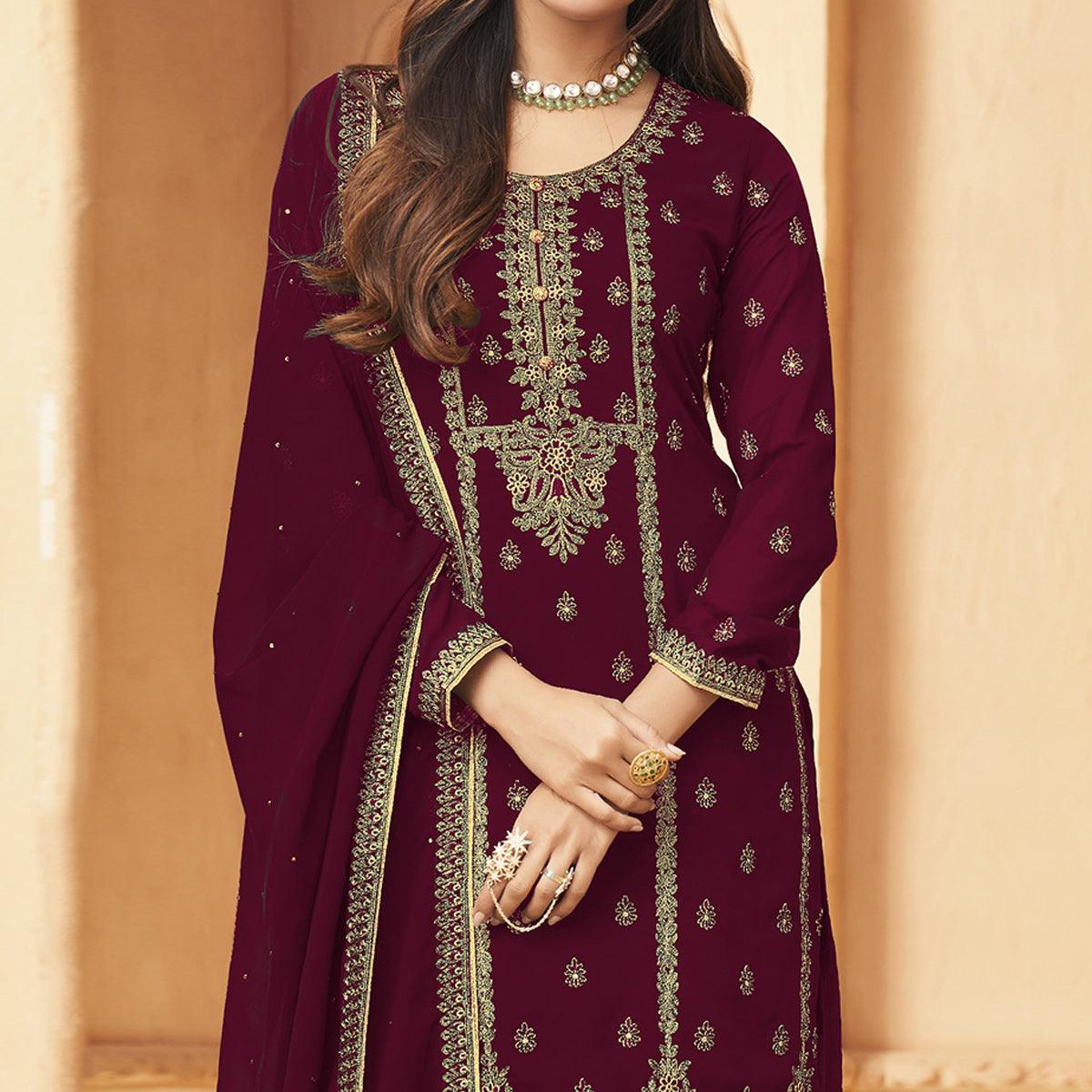 Wine Floral Embroidered Georgette Pakistani Suit - Peachmode