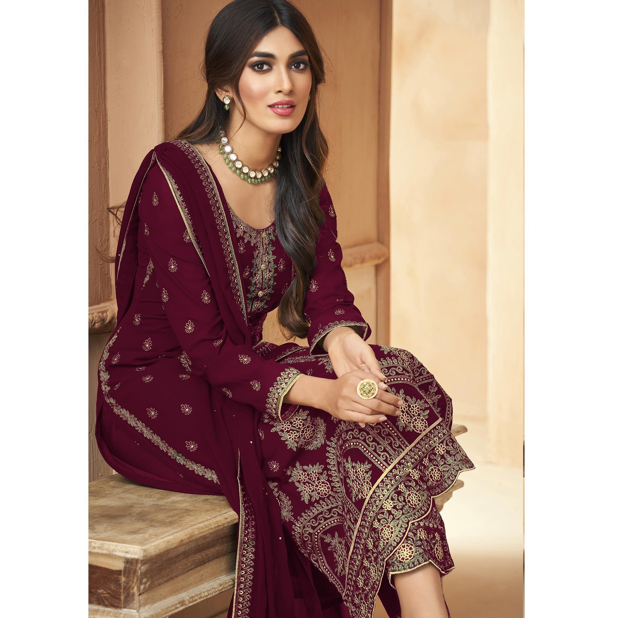 Wine Floral Embroidered Georgette Pakistani Suit - Peachmode