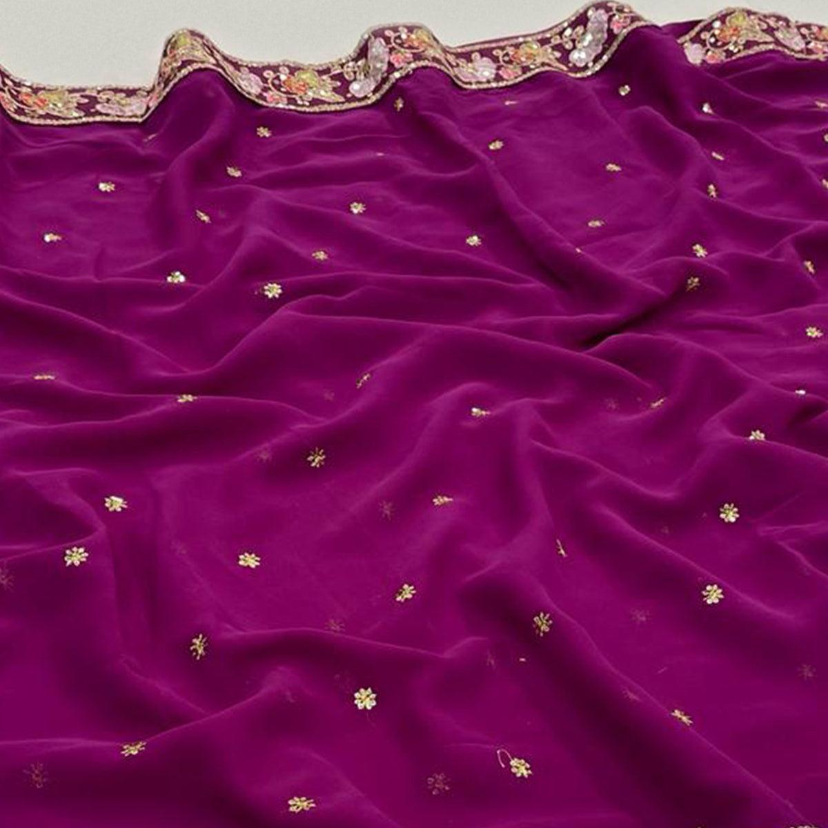 Wine Floral Embroidered Georgette Saree - Peachmode