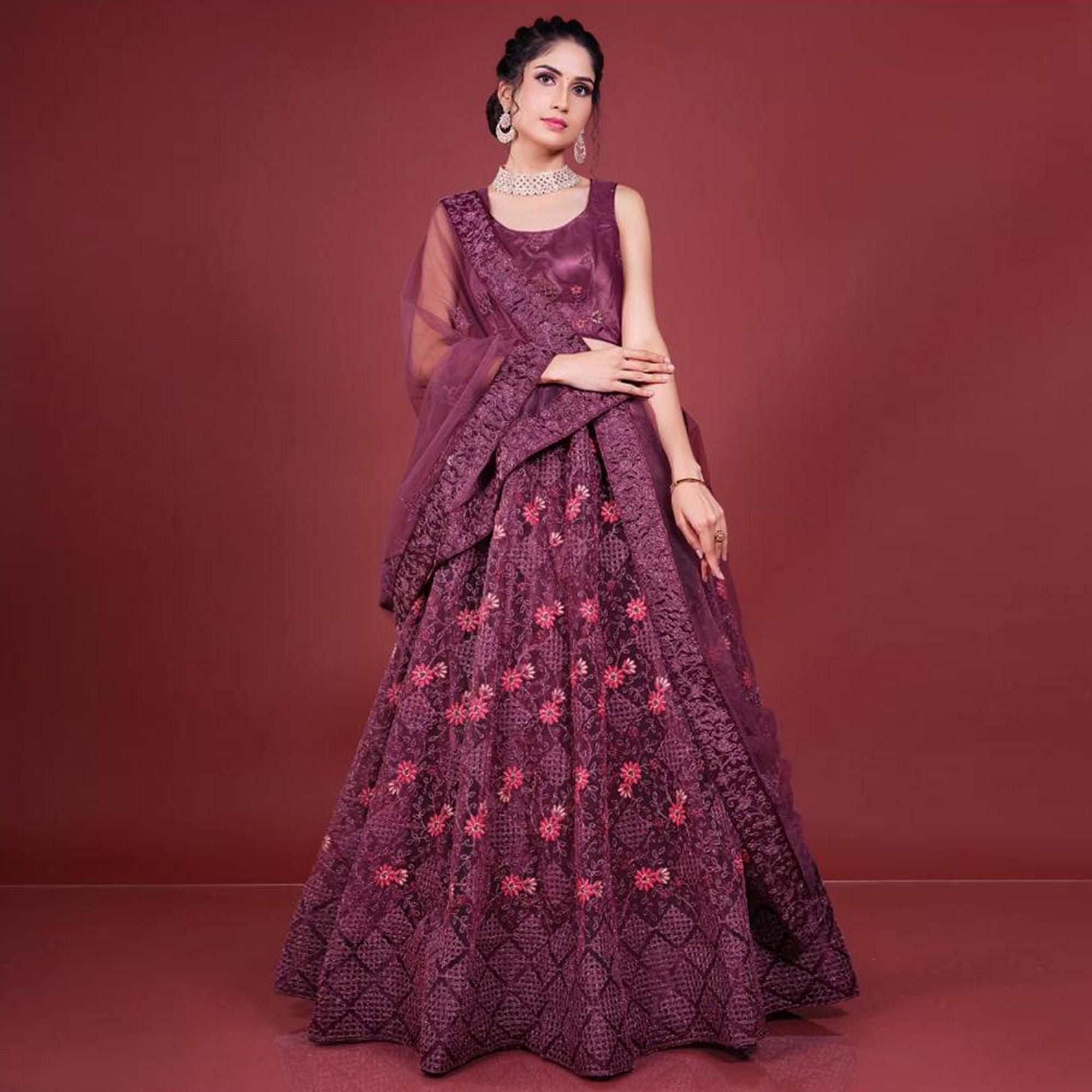 Wine Floral Embroidered Netted Lehenga Choli - Peachmode