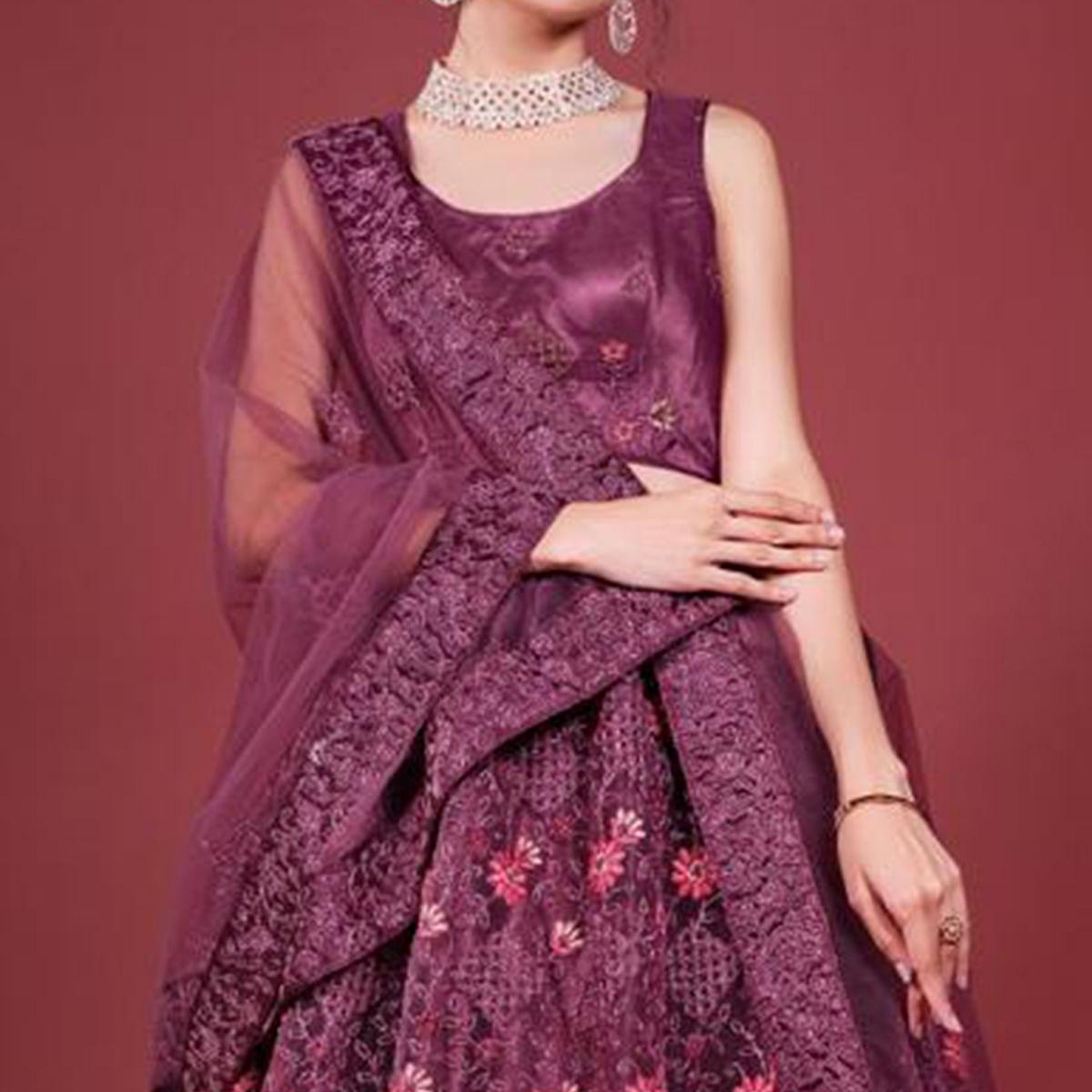 Wine Floral Embroidered Netted Lehenga Choli - Peachmode