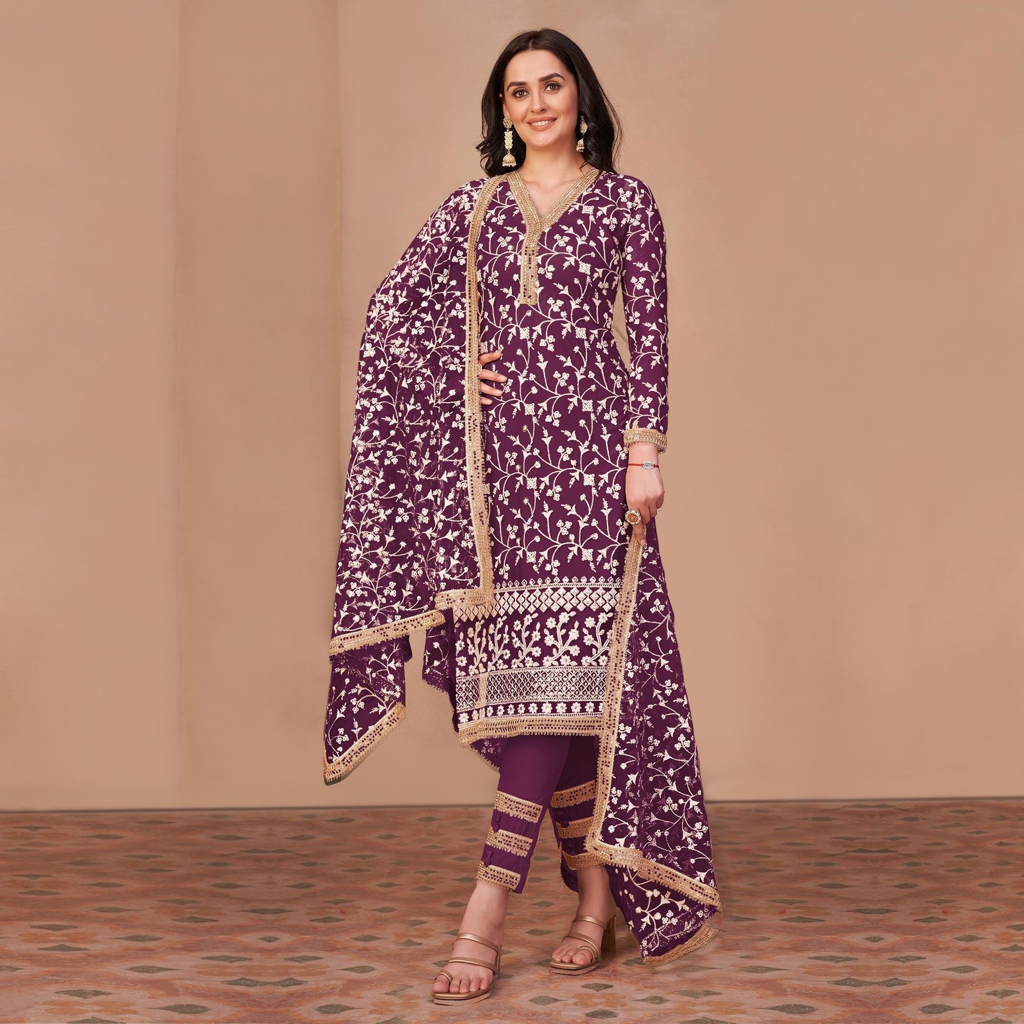 Wine Floral Embroidered Netted Suit - Peachmode