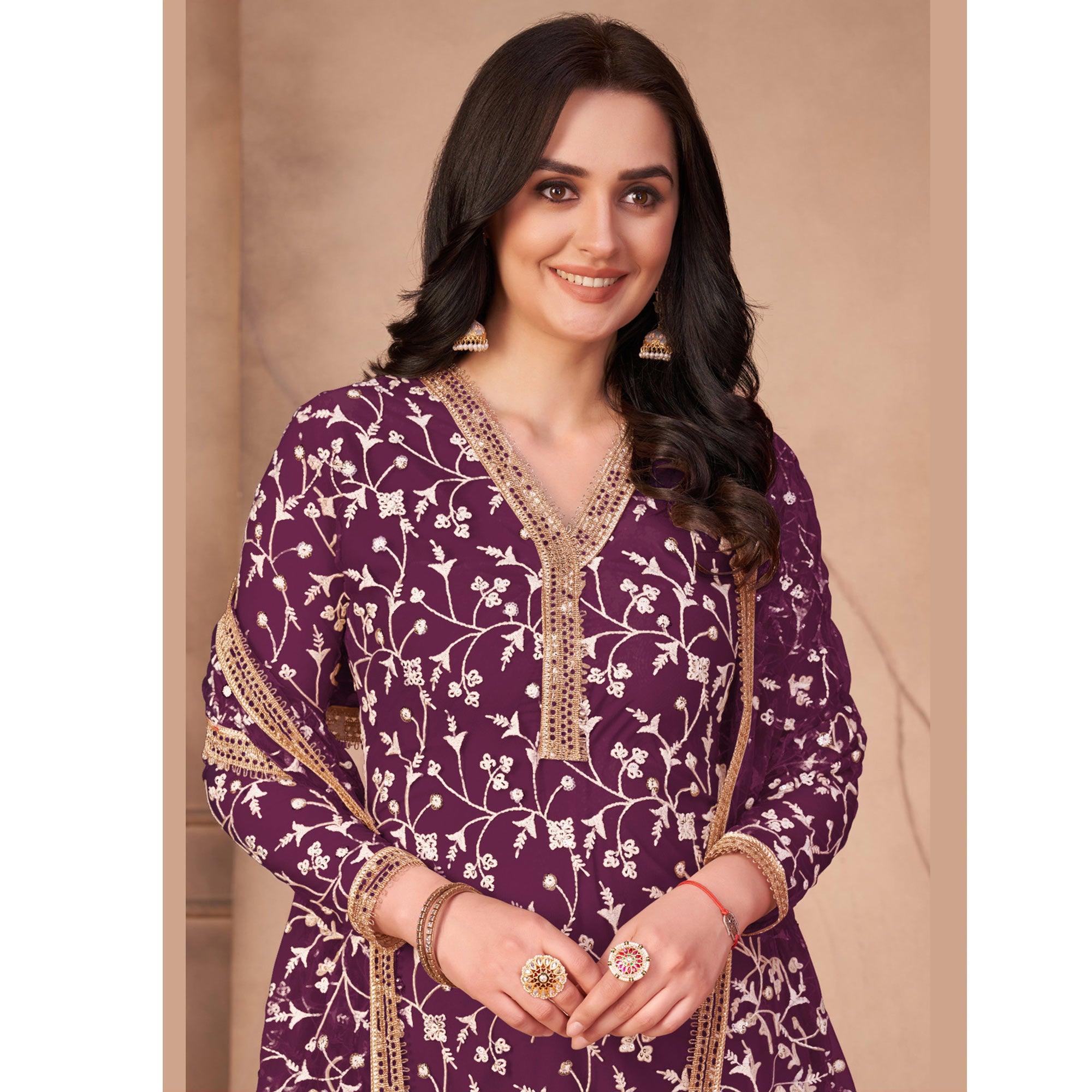 Wine Floral Embroidered Netted Suit - Peachmode