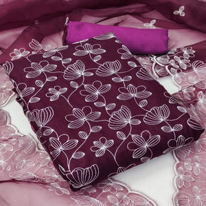 Wine Floral Embroidered Organza Dress Material - Peachmode