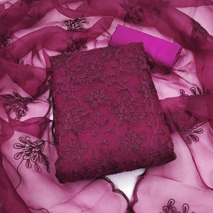 Wine Floral Embroidered Organza Dress Material - Peachmode