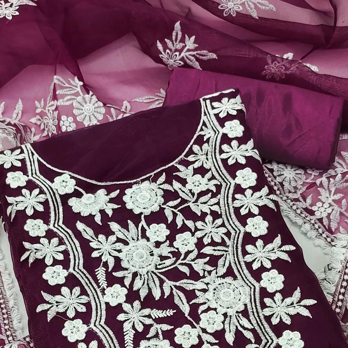 Wine Floral Embroidered Organza Dress Material - Peachmode