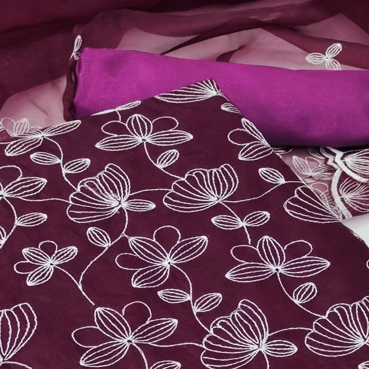 Wine Floral Embroidered Organza Dress Material - Peachmode