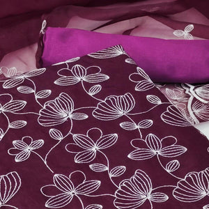 Wine Floral Embroidered Organza Dress Material - Peachmode